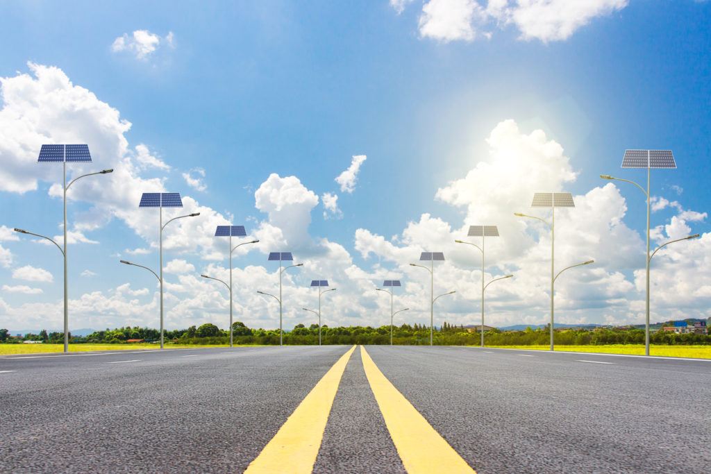 Solar street light on the road in the city, the use of sunlight